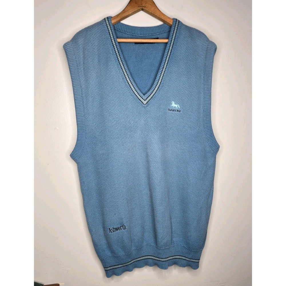 Vintage Ashworth Sweater Vest Mens Large Blue 100% Cotton USA Golf Grandpa Core